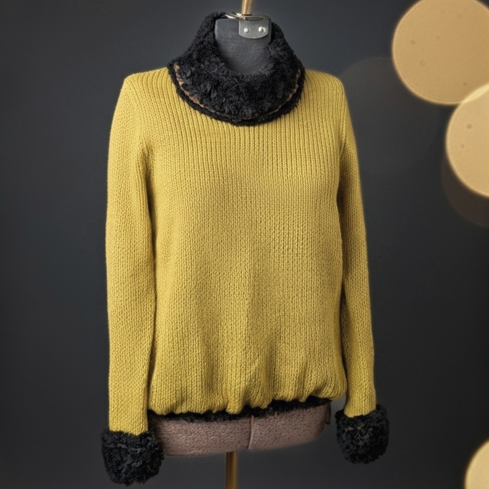 Sahalie Mohair Cozy Two-Tone Funnel Neck Sweater Lime w/ Black Fur Trim Size L